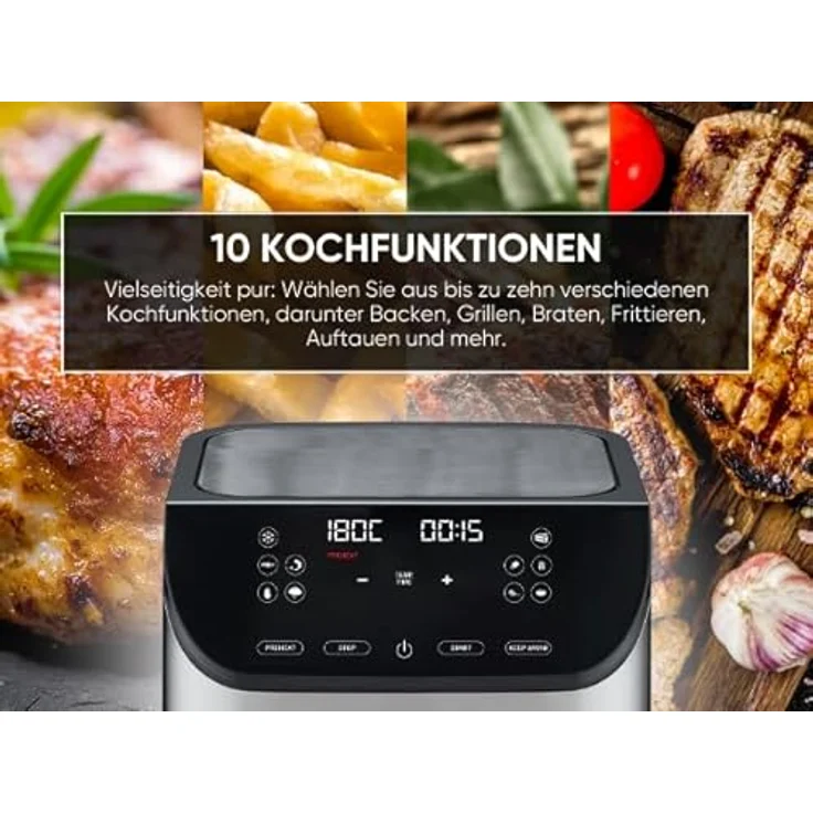 ERATEC AF-66 Heißluftfritteuse XXL 5,5L 1700W, Ölfreie Air Fryer mit LED Display, 10 voreingestellten Programmen und Timer, Edelstahl – Bild 3