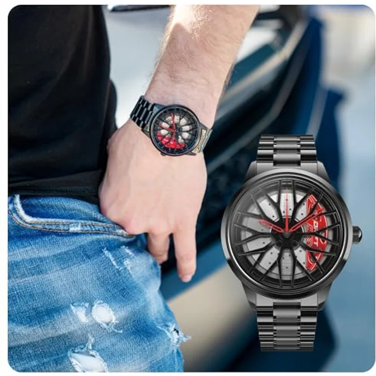 DriftElement Motorsport Felgenuhr Herren - Custom Designer Uhr im 3D Design der Sternspeichen M8 Felge aus Edelstahl, Mineralglas (Rot) – Bild 2