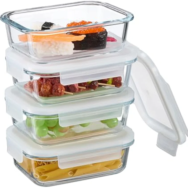Relaxdays Glasbehälter mit Deckel, 4er Set, 640 ml, Frischhaltedosen, Kunststoffdeckel, luftdicht, transparent – Bild 1