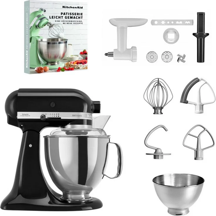 KitchenAid 5KSM175 Artisan Küchenmaschine, 4,8l mit Fleischwolf, Spritzgebäckvorsatz, Patisserie Rezeptbuch, in Juniper