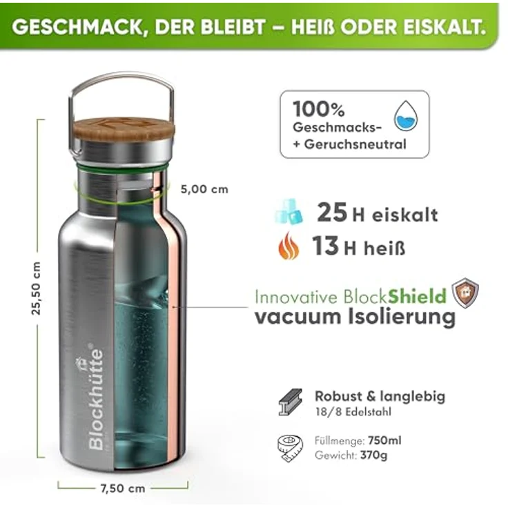 Blockhütte Premium Edelstahl Trinkflasche isoliert, 750ml, auslaufsicher, mit Naturborsten Bürste, spülmaschinenfest, BPA-frei für Sport & Freizeit – Bild 4