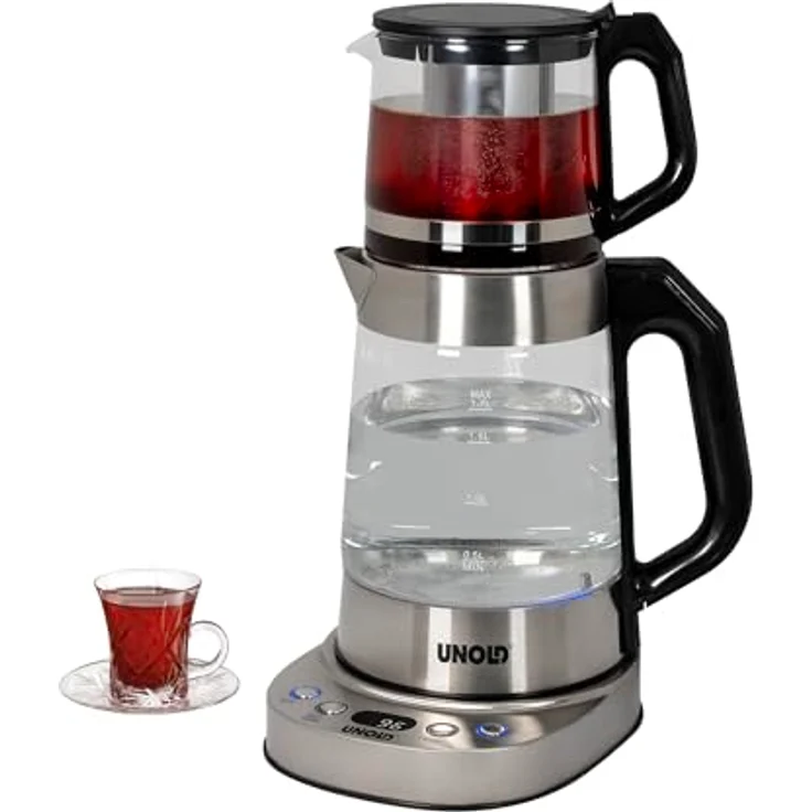 Unold Samowar Selin, 2in1 Wasser-/Teekocher mit 1,7 L Volumen, stufenweise Temperatureinstellung 92–100 °C, Edelstahl und Borosilikatglas – Bild 2