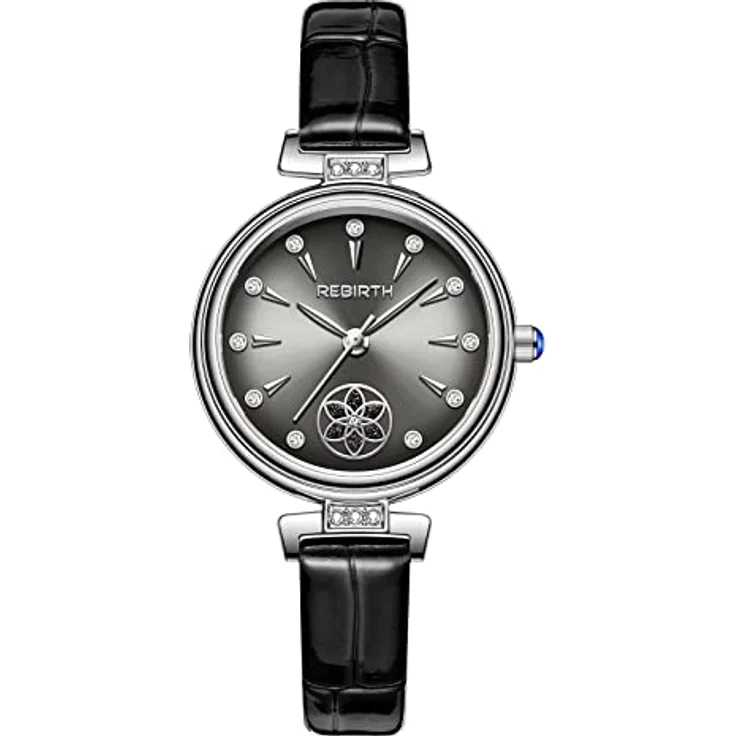 JewelryWe Damenuhr Elegant Blume Analog Quarz Armbanduhr, schwarzes Echtlederarmband, 30m wasserdicht, für Frauen und Mädchen – Bild 1