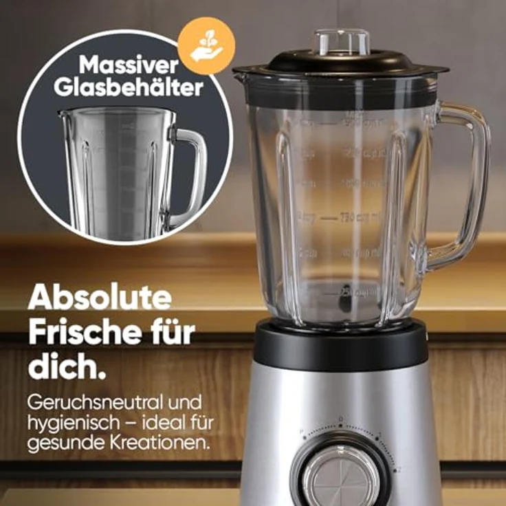 Clatronic® UM 3829 Standmixer 700W, 1,5L Glasbehälter, BPA-frei, 4-fach Edelstahl-Messer, Ice-Crush Funktion, 3 Stufen, Turbo-Funktion, Deckel mit Nachfüllöffnung – Bild 4