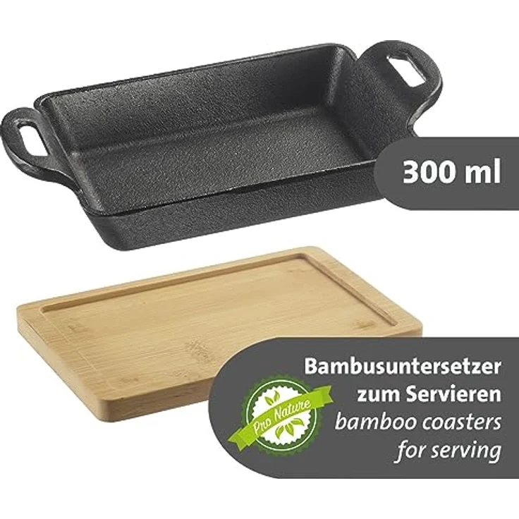 Westmark Gusseiserne Schale Tapas + Friends – kleine Gusseisen-Auflaufform, für alle Herdarten geeignet, auch Induktion und Grill, inkl. Bambus-Untersetzer – Eisen, 300 ml – Bild 4