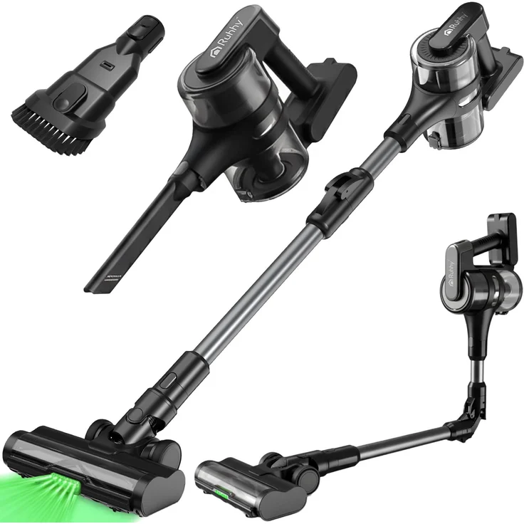 Ruhhy LunPro Kabelloser Staubsauger 400W – Beutelloser Akkusauger mit HEPA-Filter, 52 Min. Laufzeit, LED-Bürste, Schwarz