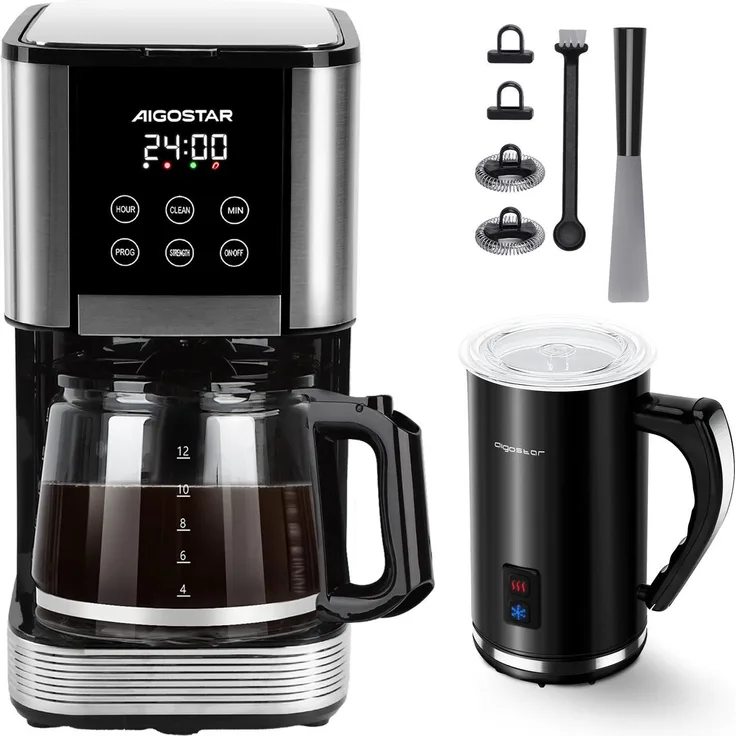 Aigostar Cora Filterkaffeemaschine 1000W, 1,5L Wassertank für 14 Tassen, programmierbar 24H, Tropf-Stopp, AutoClean, Edelstahl, Schwarz, mit Milchaufschäumer 500W, 240ml, 3 Modi