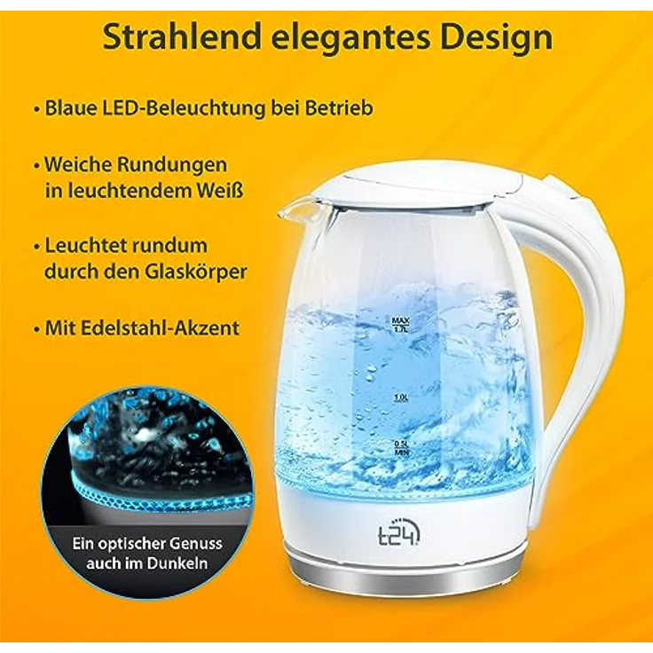T24 Borosilikatglas Wasserkocher mit LED, 2200 Watt, 1,7 Liter, Trockenkoch- und Überhitzungsschutz, mit Filter, weiß – Bild 6