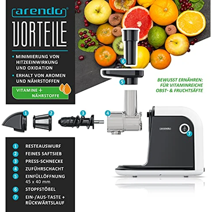 Arendo - Slow Juicer Entsafter Edelstahl - für Gemüse und Obst - Saftpresse elektrisch - 150W – 700 ml Saftkanne – 1,5 l Restebehälter – mit Reinigungsbürste – Sicherheitsverschluss - weiß-schwarz – Bild 5