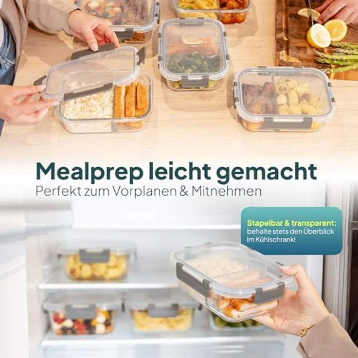 uandu Glasbehälter mit Deckel 10-teilig, Meal Prep Boxen aus Borosilikatglas, 2 Fächer, luftdicht und stapelbar, 950 ml – Bild 4