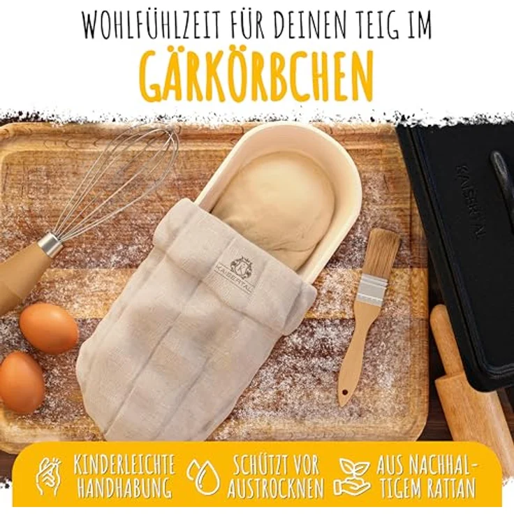 K KAISERTAL 28cm Brotbackform mit Deckel + Gärkorb - Eingebrannte Backform aus Gusseisen - Brottopf zum Backen - Kastenform mit Deckel inkl. Backen Zubehör, Farbe: Schwarz – Bild 4