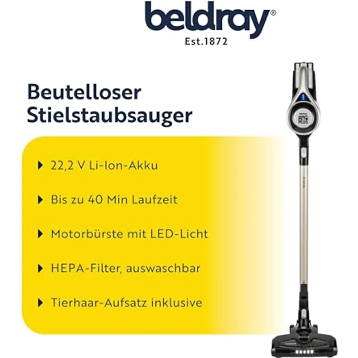 Beldray Airgility+ Akku-Stabstaubsauger BEL01195V2FVDE, 22,2-V-Akku, motorisierte LED-Bodenbürste, 1,2-l-Staubtank, inkl. Haustierwerkzeug, Schwarz – Bild 2