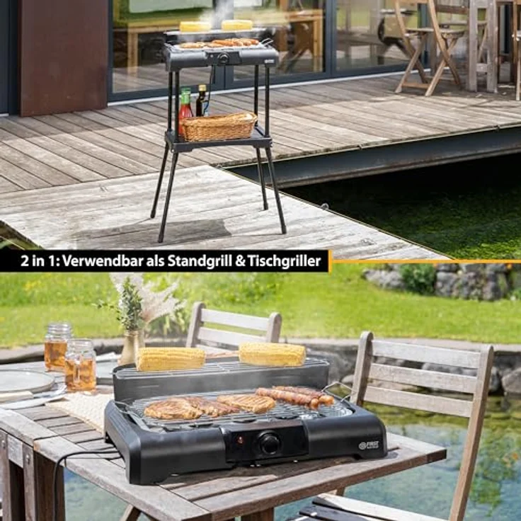 TZS First Austria Standgrill | Elektrogrill 2000 W mit Temperaturregler & Wärmereflektor | Gartengrill Schwarz mit Standfüßen | Grillfläche [45cm x 22cm] inkl. Windfang | Barbecue Elektrisch Tischgrill – Bild 3
