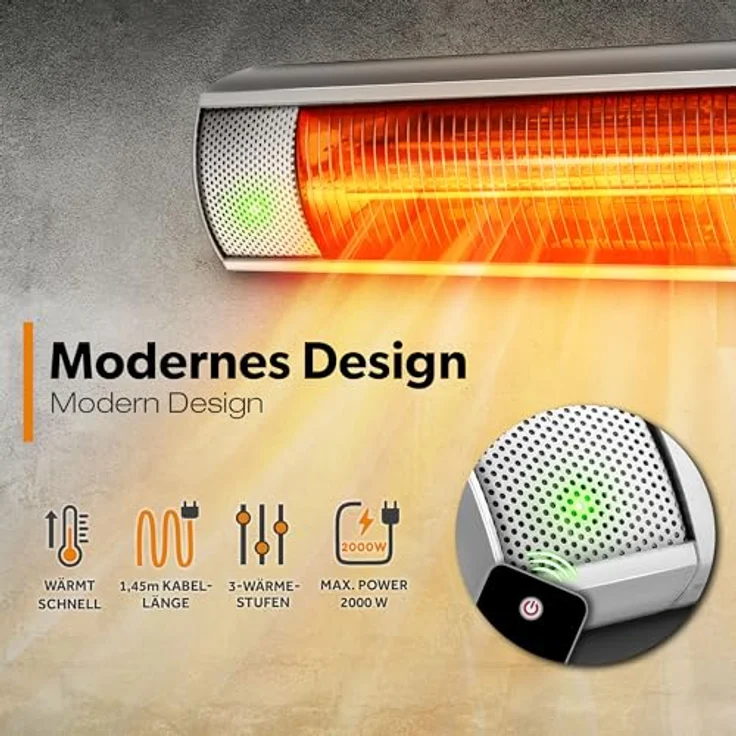 TRESKO Infrarot Heizstrahler 2000W mit Fernbedienung | Quarz-Röhre 30% sparsamer, 3 Heizstufen | Innen & Außen, Edelstahl, Aluminium | Wand-Heizstrahler Wickeltischstrahler, leise – Bild 2