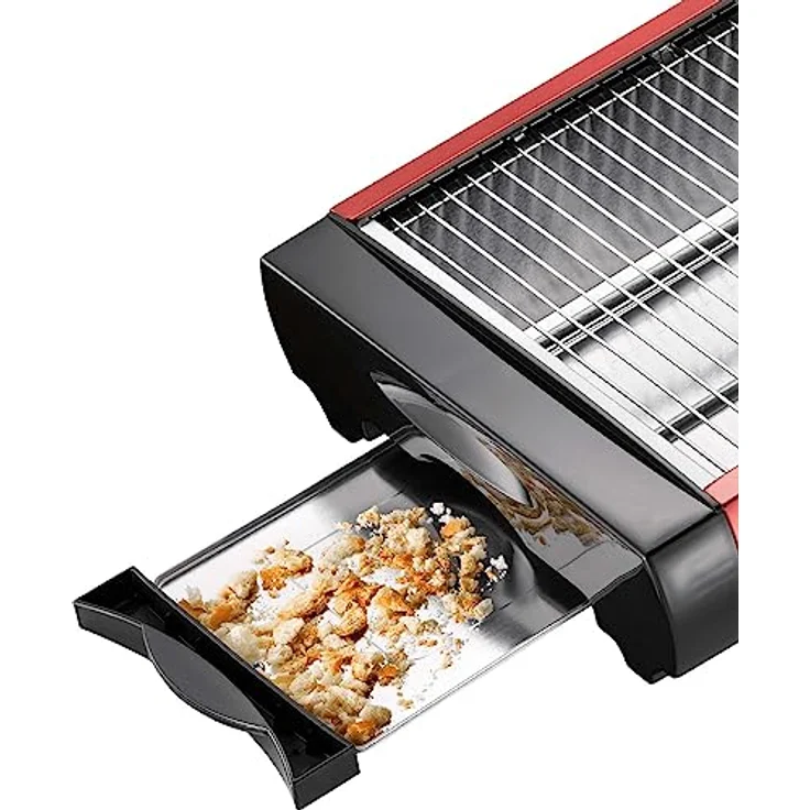 EPIQ 80001211 Flach-Toaster, Tisch-Röster, Edelstahl-Design, Sandwiches, Baguette, 600 Watt Leistung, Rücklauftimer, Krümelschublade, rot schwarz – Bild 5