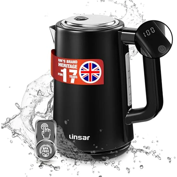 Linsar - Wasserkocher - Edelstahl-Optik - 1,7 Liter - Mit Touchfunktion, Warmhaltefunktion, 5 Temperatur-Einstellungen, Kalkfilter, Abschaltautomatik und digitaler Anzeige - 2200 Watt (Schwarz) – Bild 1