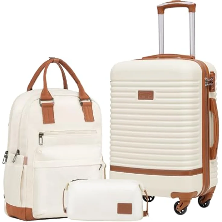 COOLIFE Koffer Trolley Set, 3-teilig, ABS Hartschalenkoffer mit 4 Rollen, TSA-Schloss, Handgepäck (Weiß/Braun) – Bild 1