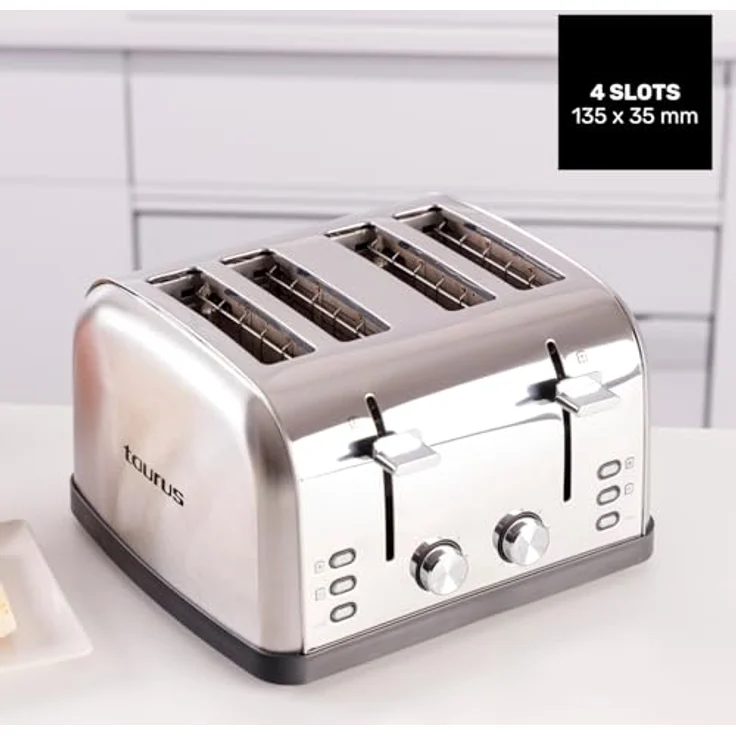 Taurus Toaster Vintage Four 1900 W, 4 Schlitze 135x35 mm, 7 Bräunungsstufen, 3 Funktionen, Edelstahlgehäuse, Grau – Bild 5