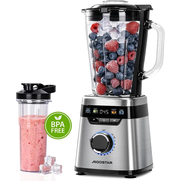 Aigostar Standmixer 1000W, 1,75L Glaskrug, 600ml To-Go-Becher, Edelstahl-Gehäuse, Touch-Display, Anti-Rutsch-Füße