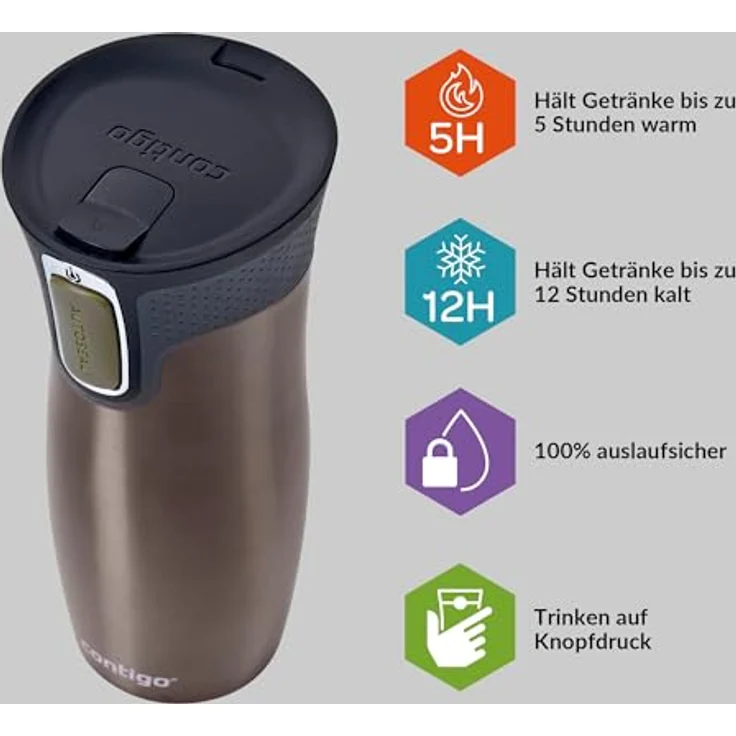 Contigo Thermobecher West Loop Autoseal, Edelstahl Isolierbecher, Kaffebecher to go, auslaufsicher, spülmaschinenfester Deckel BPA-frei, 470 ml , Latte , 470 ml – Bild 2