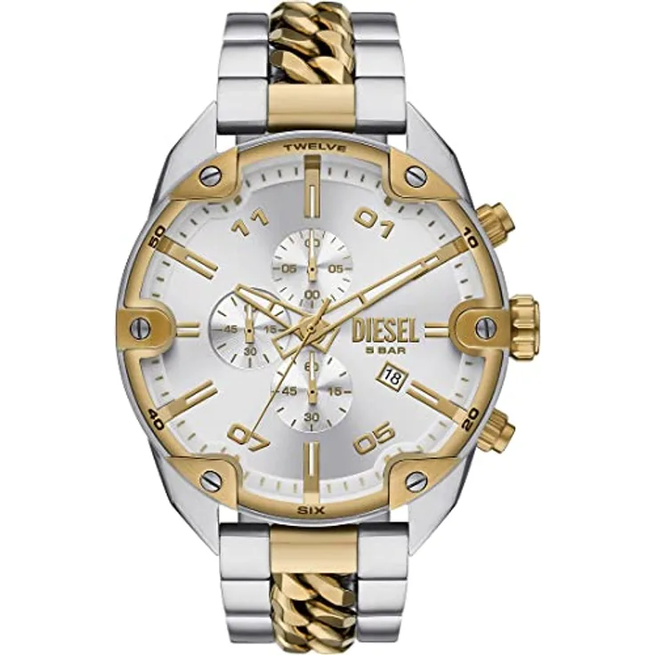 Diesel Herrenuhr Chronograph Spiked Edelstahl DZ4629, 49-mm-Gehäuse mit silberfarbenem Zifferblatt, wasserdicht bis 50 m, 24-mm-Bandbreite