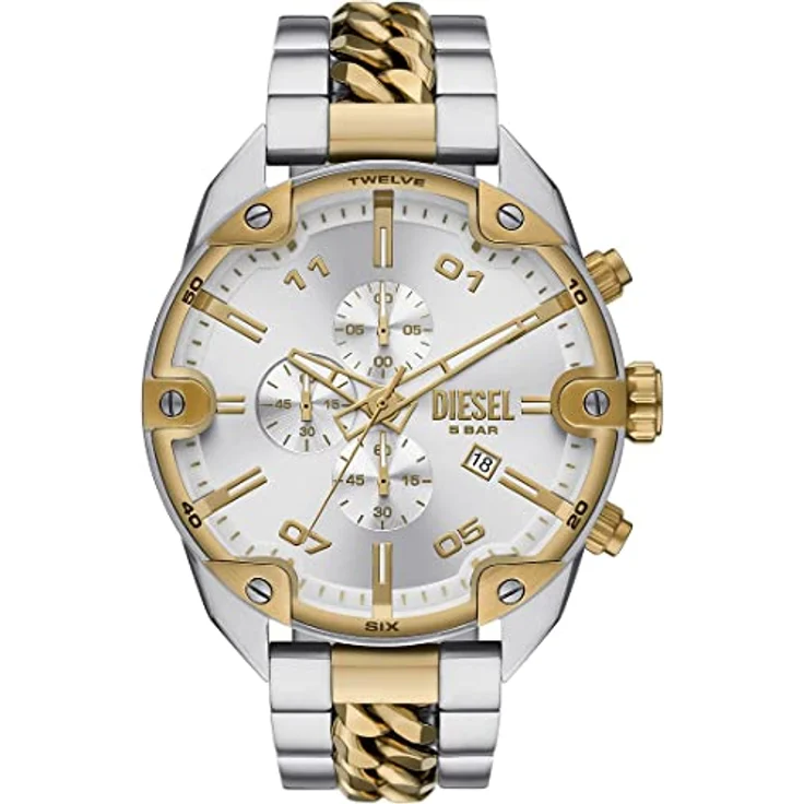 Diesel Herrenuhr Chronograph Spiked Edelstahl DZ4629, 49-mm-Gehäuse mit silberfarbenem Zifferblatt, wasserdicht bis 50 m, 24-mm-Bandbreite – Bild 1