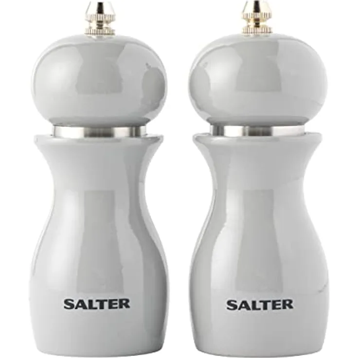 Salter 7613 GYXR Salz & Pfeffermühle Set - Küchenmühleset, Küche salzmühle, einstellbar Hartkeramik Schleifmechanismus, feines bis grobes Mahlen, Gewürzmühlen, 26g Salz/13g Pfeffer, glänzend Grau