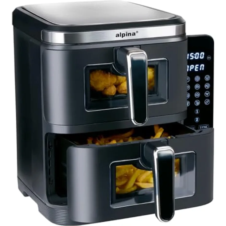 alpina Double Airfryer XXL, Heißluftfritteuse mit 11L und 2 Kammern, für 8 Personen, faltbares Display, Timer bis 60 Minuten, Temperatur 60-200°C, Schwarz