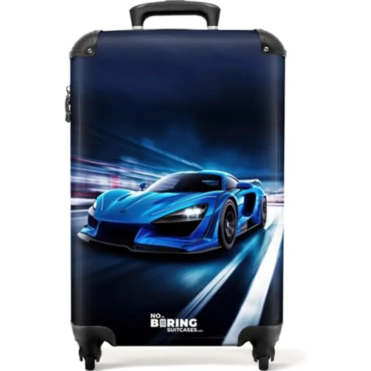 NoBoringSuitcases.com© Kinderkoffer Auto, blauer Trolley mit 36 Liter Stauraum, 4 Rollen, Handgepäck 55x35x20cm