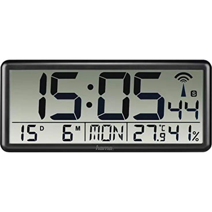 Hama Digitale Wanduhr XL mit Funk (Digitaluhr mit Thermometer und Hygrometer, große Funkuhr mit Datum und Wochentag, gut ablesbar Wand Uhr zum Hängen und Stellen, inkl. Batterie) schwarz