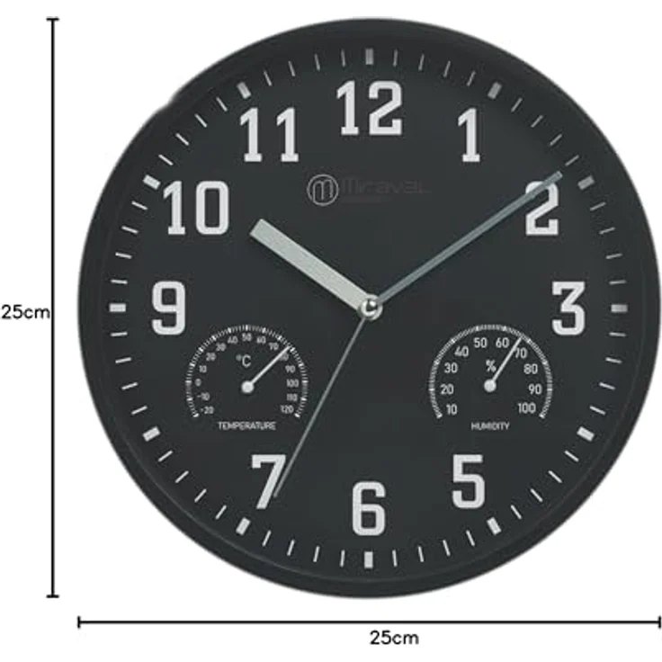 Miraval Wanduhr Wanduhr Thermometer Hygrometer, Schwarz, Lautloses Uhrwerk, 250 mm Durchmesser – Bild 4