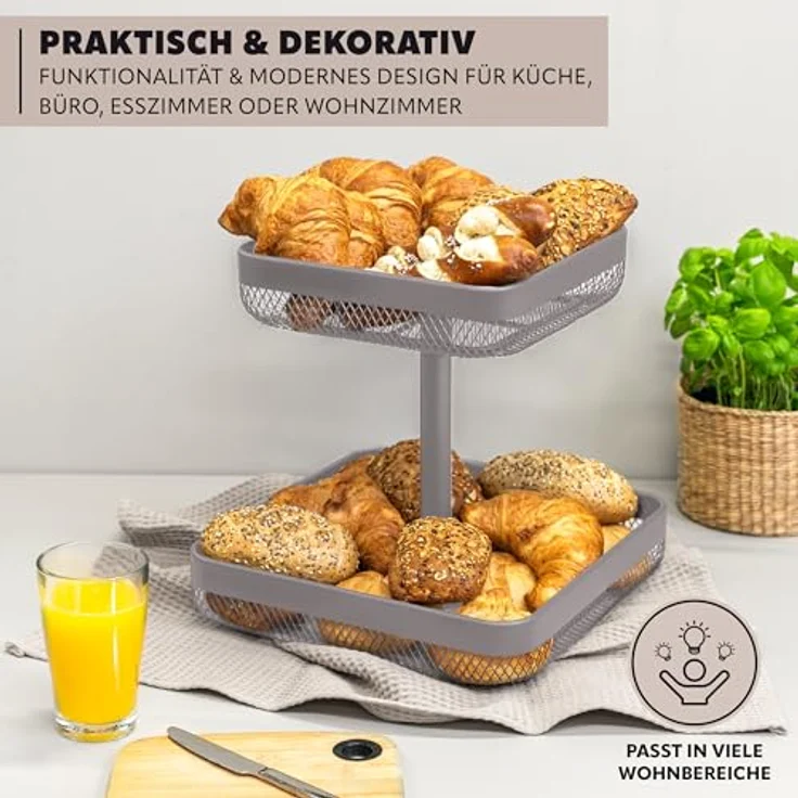 eluno 2-stöckige eckige Obstetagere/Brotkorb aus pulverbeschichtetem Metall, vielseitig einsetzbar, Taupe – Bild 5