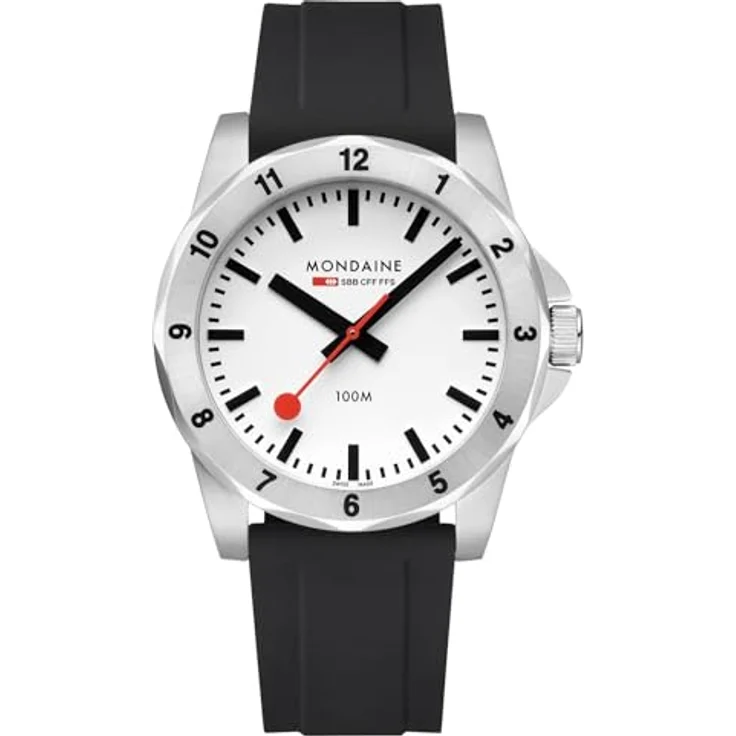 Mondaine Herrenuhr Numeri Quarz Schwarz/Weiß 42 mm, Edelstahlgehäuse, Antireflex-Saphirglas, Silikonarmband – Bild 1