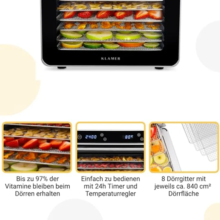KLAMER Premium Dörrautomat XL 700W, 24h-Timer und 35-80°C Temperaturregler, 8 extra große Einlegefächer aus Edelstahl, Trockner aus Edelstahlgehäuse – Bild 5