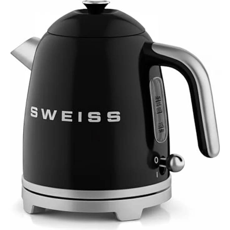SWEISS KTS9 Elektrischer Wasserkocher, 1 l, Vintage-Stil, Edelstahl, 1000 W, 360° drehbarer Boden, Schwarz, automatische Abschaltung, sichtbarer Wasserstand – Bild 3