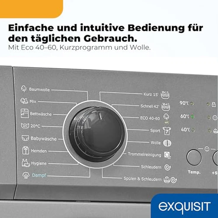 Exquisit WA56110-021A, schmale Waschmaschine 6 kg, Energieklasse A, 1000 U/min, Sportprogramm, leise 76 dB, inoxlook - Grau – Bild 4