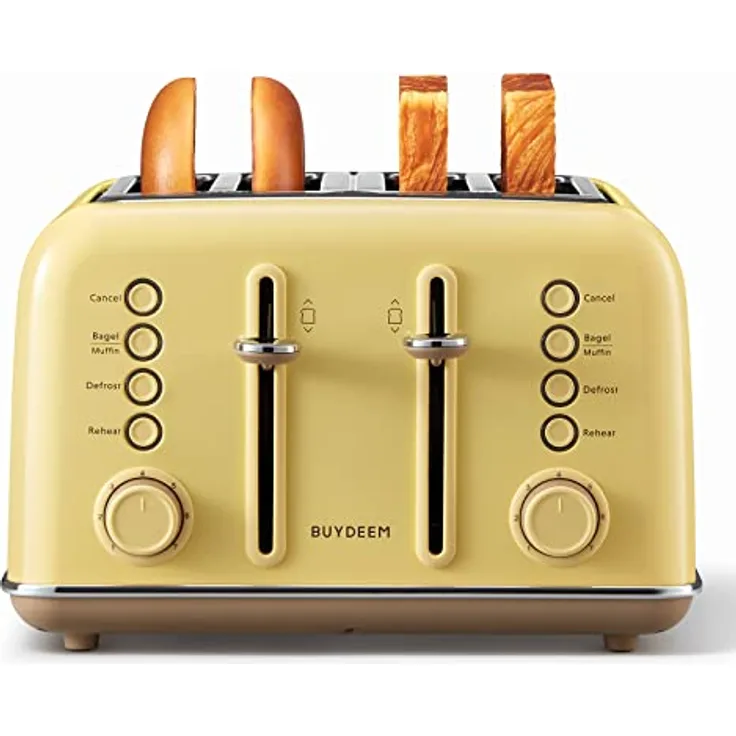 BUYDEEM 4-Slice Retro Toaster, Edelstahl mit extra breiten Schlitzen, Hochhebel für einfaches Entnehmen, Bagel- und Muffinfunktion, herausnehmbarer Krümelschublade, 7 Toaststufen - Mellow Yellow