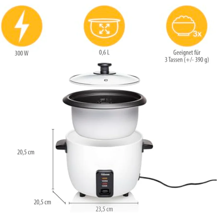 Tristar RK-6117 Reiskocher, 0,6 Liter Volumen, Warmhaltefunktion, 300 Watt, schwarz weiß – Bild 2