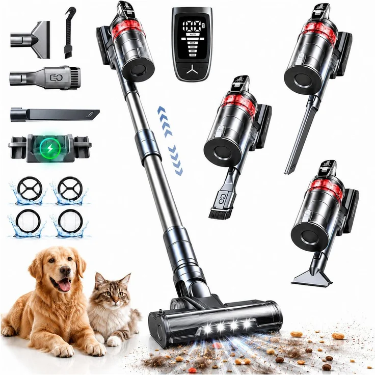 Grenintol V160 Akku-Hand- und Stielstaubsauger, 85000Pa/500W, kabellos, 65Min Laufzeit, 5 Saugstufen, AUTO-Modus, HEPA-Filter, LED-Düse, Anti-Tangle