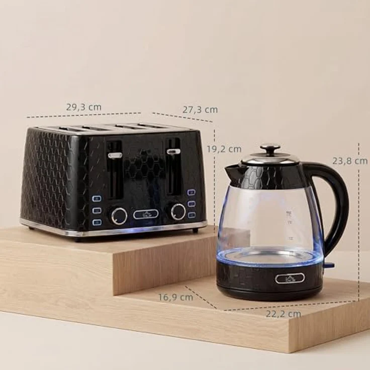 HOMCOM Wasserkocher- und Toaster-Set, 2200W Wasserkocher (1,7L) und 4-Scheiben-Toaster mit 7 Bräunungsstufen, Schwarz mit Silber – Bild 7