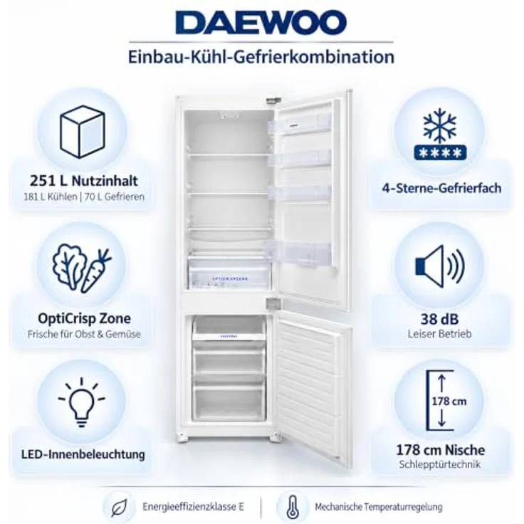 Daewoo CKL2764EIMA0-DE, Einbau-Kühl-Gefrierkombination mit 251 Liter, 178 cm Nische, LED-Innenbeleuchtung, Opti-Crisp Zone – Bild 3