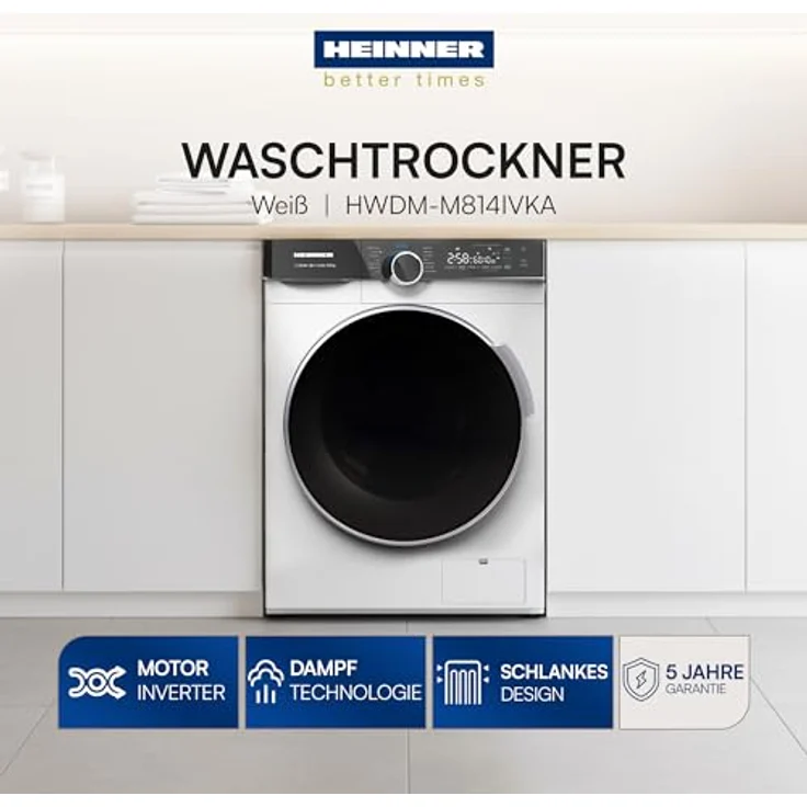 Heinner HWDM-M814IVKA Slim Waschtrockner, 8 kg Waschen / 6 kg Trocknen, 1400 U/min, Inverter, Weiß – Bild 2