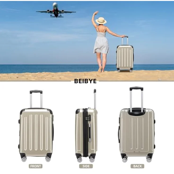 BEIBYE 3er Kofferset Hartschalen-Koffer Trolley Set mit erweiterbarem Volumen, 4 Doppelrollen, champagner – Bild 2