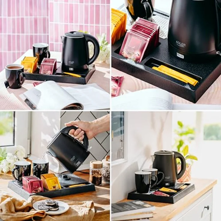 ADLER Wasserkocher Set mit Tablett & 2 Tassen, 1L Edelstahl, Cool-Touch Gehäuse, automatische Abschaltung, schwarz – Bild 2
