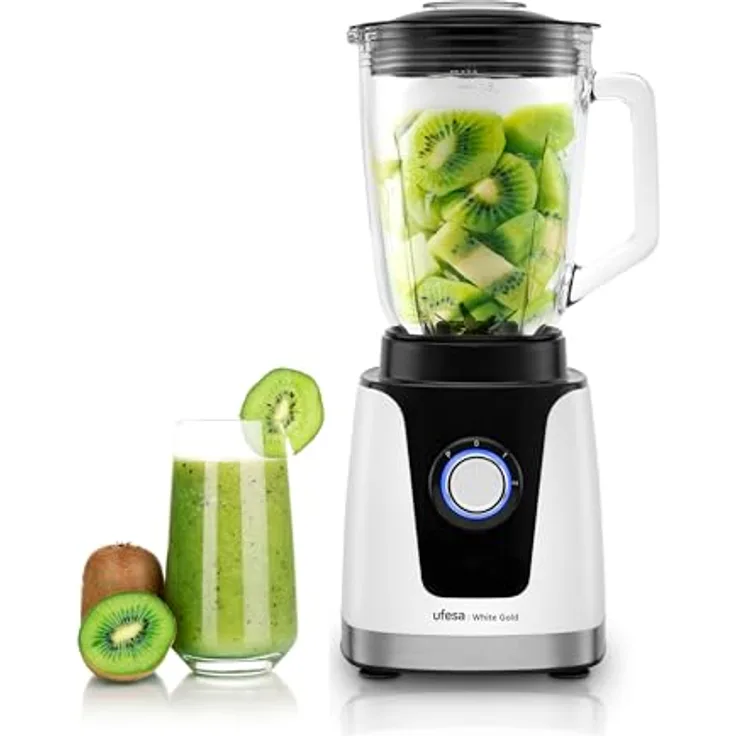 Ufesa White Gold Standmixer, 1500W Leistung, 1,5L Glaskrug, LED-Licht, Ice Crusher, 6 Edelstahlklingen, 2 Geschwindigkeiten + TURBO