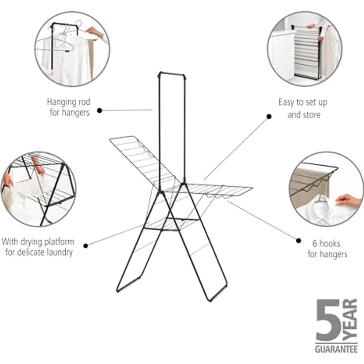 Brabantia Wäschetrockner mit Bügel, Wäscheständer, 20 Meter Trocknungsfläche, platzsparend, schwarz – Bild 4