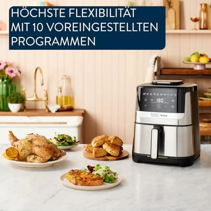 Tefal Jamie Oliver Easy Fry Silence Deluxe Heißluftfritteuse, 5 l, digitaler Touchscreen, 10 Programme, schwarz/Edelstahl, inkl. Druckguss-Gitterrost + Deckel – Bild 5