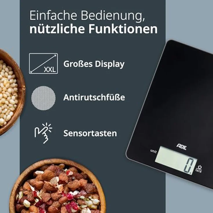 ADE Digitale Küchenwaage KE 1800-4 Leonie (Elektronische Waage für Küche und Haushalt, extrem flach, präzises Wiegen bis 5 kg, Zuwiegefunktion) schwarz – Bild 4