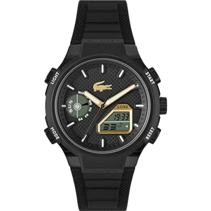 Lacoste LC33 Analoge-Digitale Multifunktions-Quarzuhr für Herren, 45mm Schwarzes TR90 Gehäuse, Schwarzes Silikonarmband mit Textur, 10 ATM wasserdicht