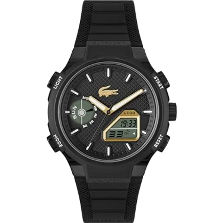 Lacoste LC33 Analoge-Digitale Multifunktions-Quarzuhr für Herren, 45mm Schwarzes TR90 Gehäuse, Schwarzes Silikonarmband mit Textur, 10 ATM wasserdicht – Bild 1